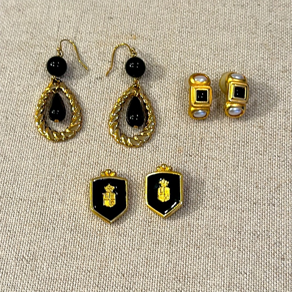 Set of three black, gold and white earrings